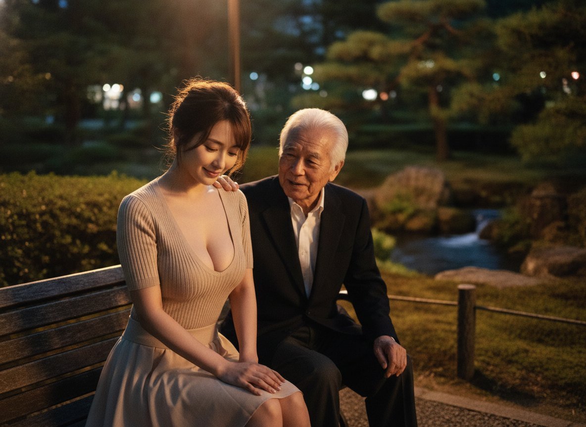 夜の公園のベンチに座る女性と年配の男性